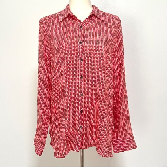 NWT Tina Stephens Joni Blouse Top Triangle Coral M Button Down Roll Tab Sleeve - Picture 2 of 14